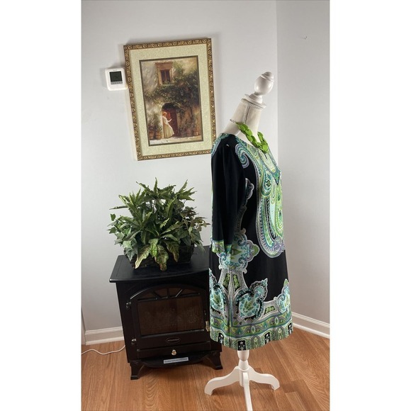 Sandra Darren Dress 12 Blue Green Knee Length Collarless Short Sleeve - Picture 5 of 10